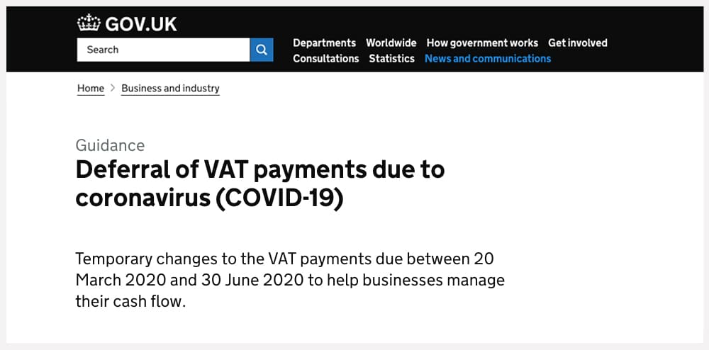 GOV.UK Deferral of VAT payments notice