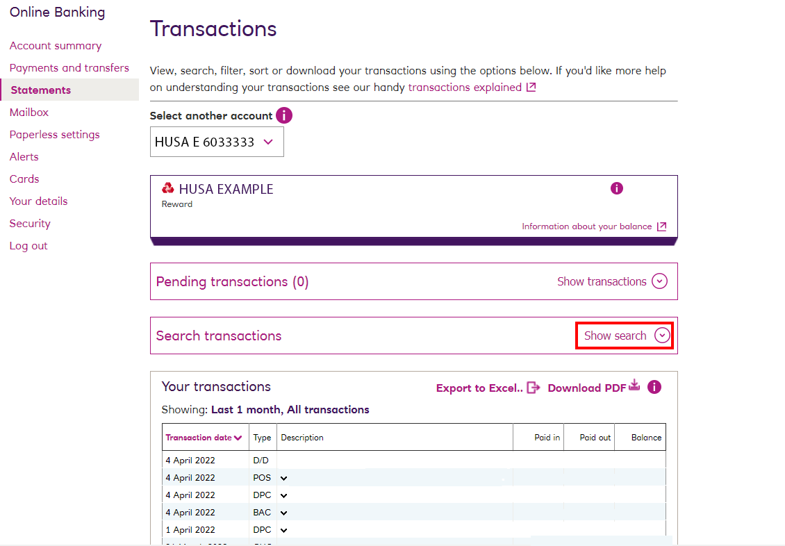 Search transactions EG