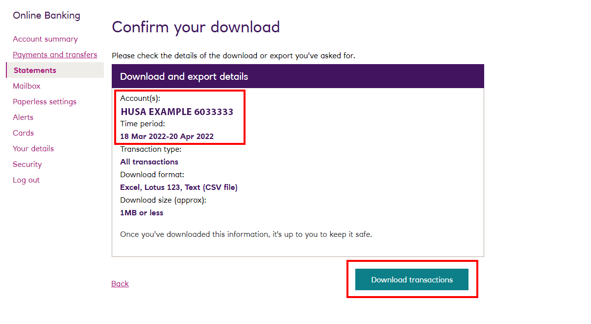 Example of transaction download